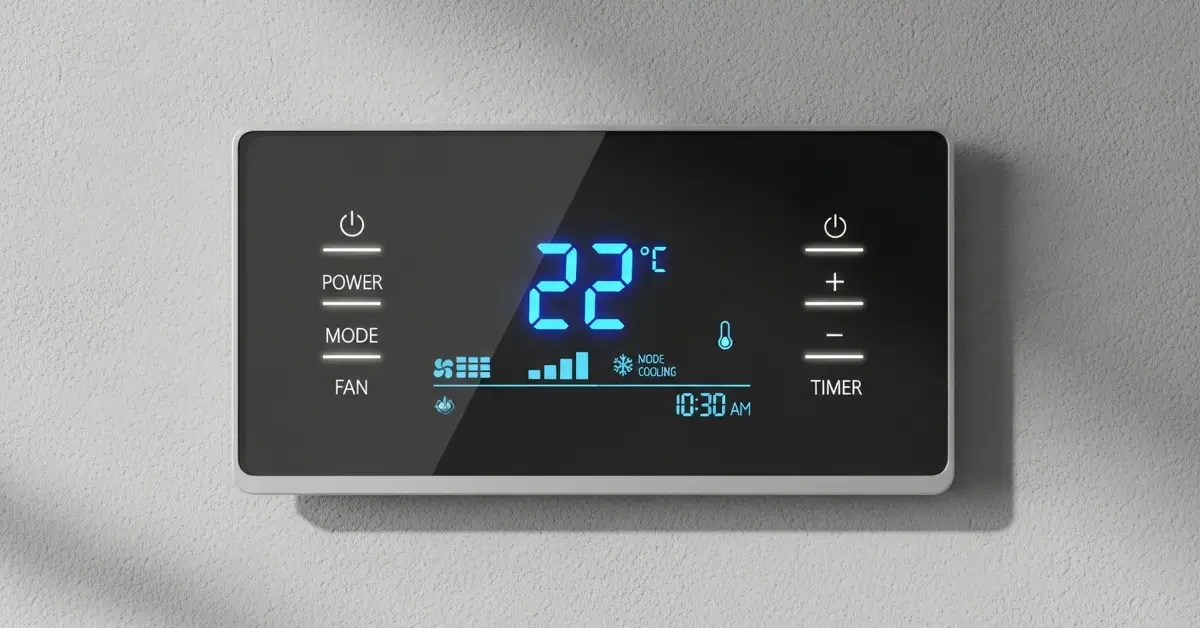 Modern black touchscreen thermostat mounted on a wall, showing a digital blue display with temperature, mode, fan settings, and timer information.