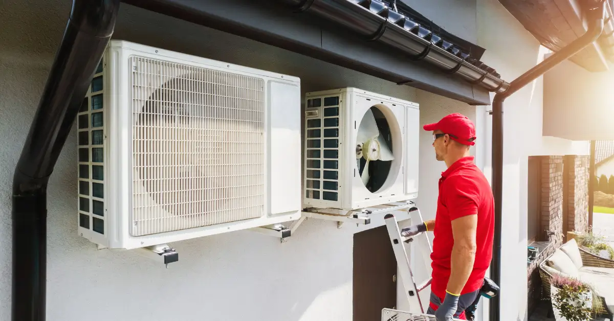 HVAC technician in a red uniform standing on a ladder while inspecting two outdoor air conditioning units mounted on the side of a house.